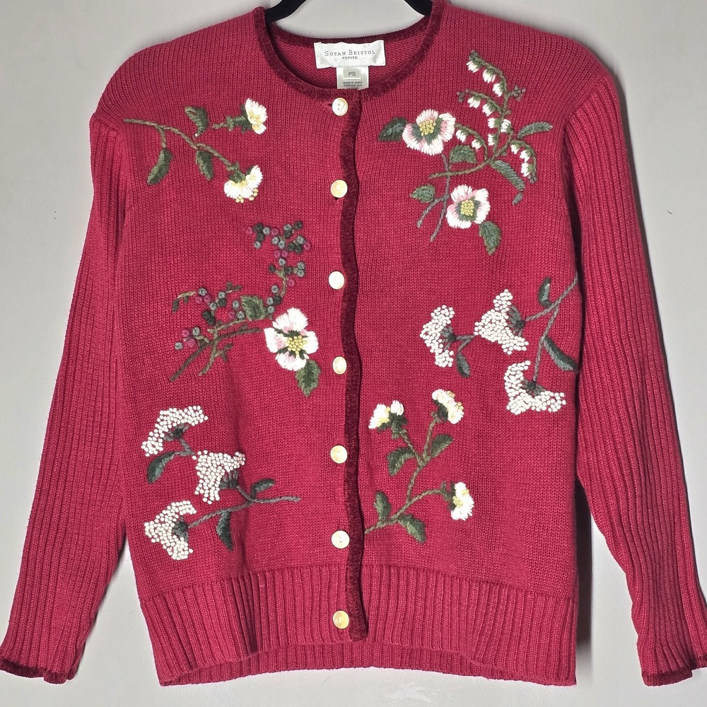 Vintage Y2K Floral Embroidered Knit‎ Cardigan Sweater Susan Bristol Womens PS